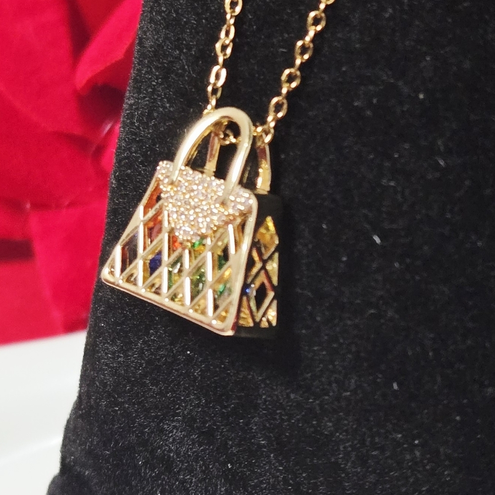 Gold Handbag Necklace Rhinestone Purse Pendant Cute Bling Fashion Jewelry Gift - Picture 7 of 10